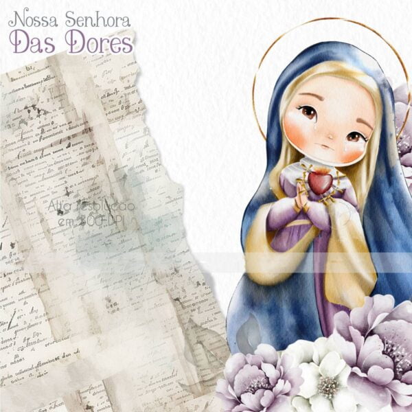 Santinhos Nossa Senhora das Dores Kit Digital Aquarelado Png