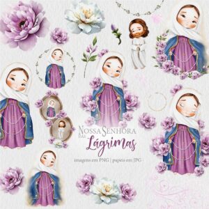 Santinhos Nossa Senhora das Lágrimas Kit Digital Aquarela