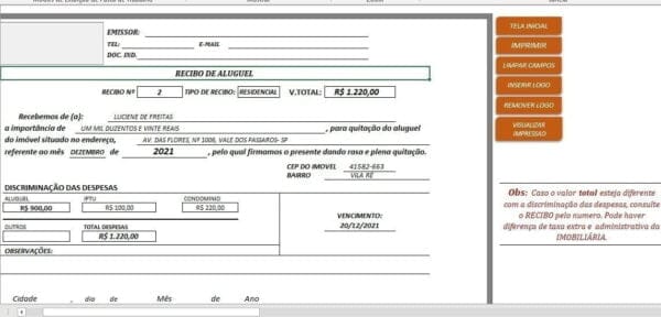 Sistema Controle Imóveis Aluguel Residencial Comercial Excel