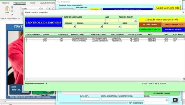 Sistema Controle Imóveis Aluguel Residencial Comercial Excel