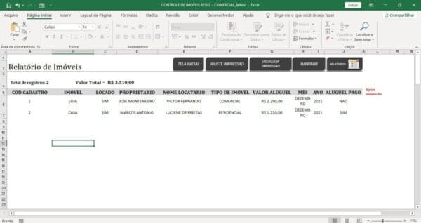 Sistema Controle Imóveis Aluguel Residencial Comercial Excel