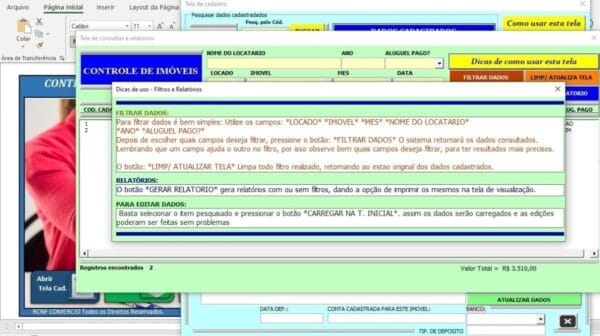 Sistema Controle Imóveis Aluguel Residencial Comercial Excel
