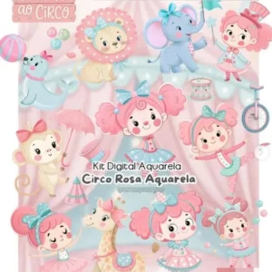 Tema de Festa Circo Rosa: Kit Digital Aquarela em PNG